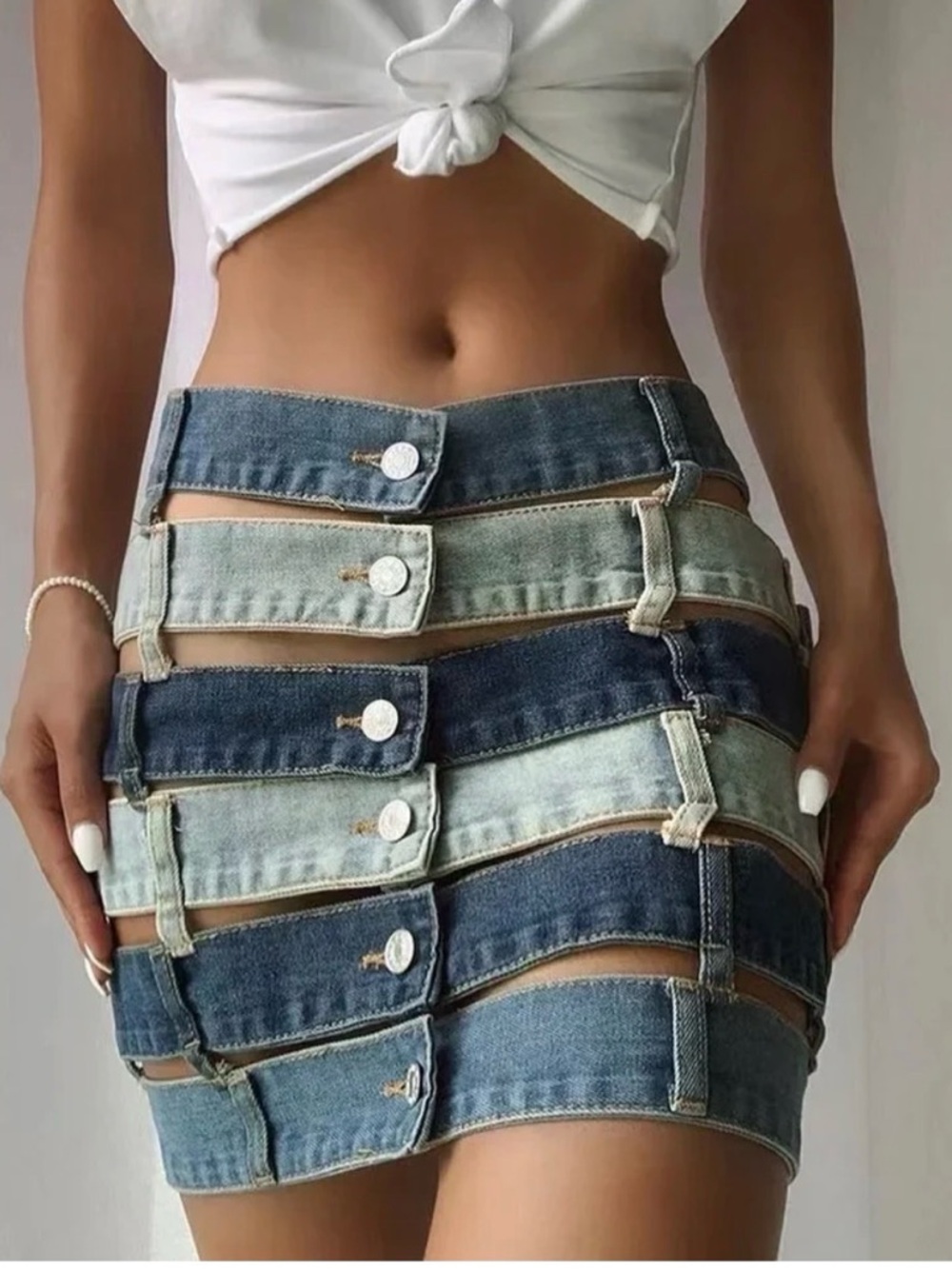 NWT AKIRA Deconstructed Strappy Cutout Edgy Blue Denim Button Mini Skirt Size XL